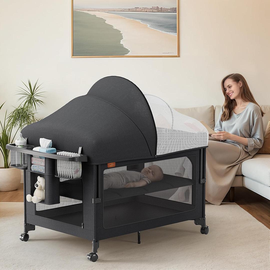 4 in 1 Baby Bassinet, Pack and Play, Bedside Crib Sleeper, Diaper Changer, Quickly Assembled and Folded Portable Crib with Mattress and Mosquito Net, Easy to Carry (Black)