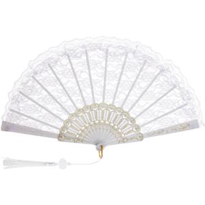 Jmkcoz Lace Handheld Folding Fan Embroidered Flower Bridal Hand Fan Chinese Japanese Vintage Fan for 1920s Costume Wedding Dancing Tea Party (1, White)