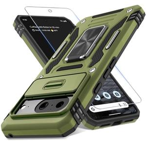 DEERLAMN Case for Google Pixel 8 with Slide Camera Cover+Screen Protector (1 Pack), Rotated Ring Kickstand Military Grade Shockproof Heavy Duty Protective Cover-Olive Green