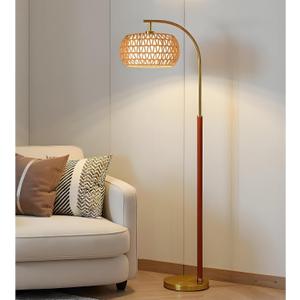 65” Walnut Gold Boho Floor Lamp for Living Room, 1200 Lumens 3-Level Brightness Rattan Floor Lamp for Bedroom, Wood Mid Century Modern Arc Standing Lamp, Rattan Tall Lamp, LED Bulb Included