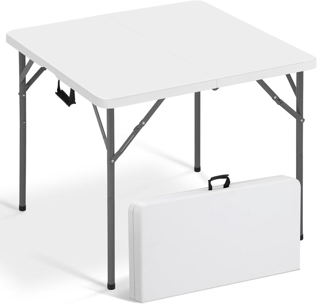 34“Square Card Table, Portable Folding Game Table for Parties & Camping, Fold in Half Design with Removable Steel Legs, Waterproof HDPE Top, Easy Setup Indoors & Outdoors, White, 34in