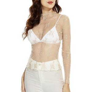 Mesh Lace Long Sleeve Layering Top for Women Mock Neck See Through Floral Shirt Tops(Beige,S) (White, S)