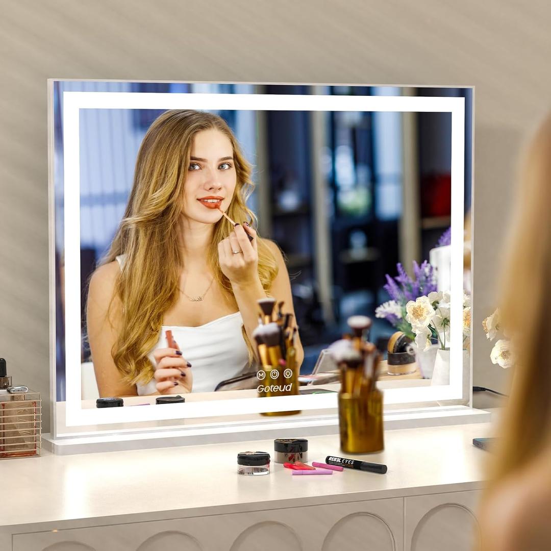 Vanity Mirror, 30.7"x22.7", Aluminum Frame, Dimmable 3 Modes LED, Smart Touch, 10x Magnification, USB Charging, Tabletop Mount