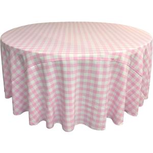 LA Linen TCcheck108R-PinkK37 Polyester Gingham Checkered Tablecloth, White & Pink - 108 in. Round