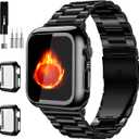 Compatible with Apple Watch Band 49mm 46mm 44mm 45mm 42mm 40mm 38mm 41mm, Stainless Steel iWatch Bands with 2 Pack Tempered Glass Screen Case for Series 10/9 Ultra 2 8/7/6/5/4/3/2/1/SE for Men (42mm(Series 10), Jet Black)