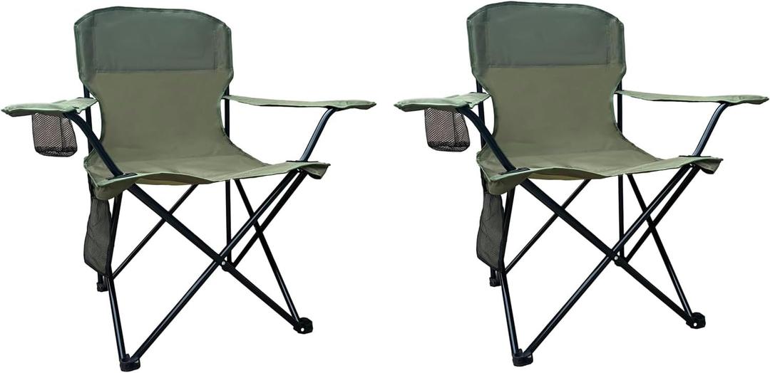 2PCS Folding Camping Collapsible Chairs Heavy Duty Lawn Chair with Cooler Bag, Storage Pocket, Waterproof Bag Outdoor Arm Chair, Supports 225LBS, Green