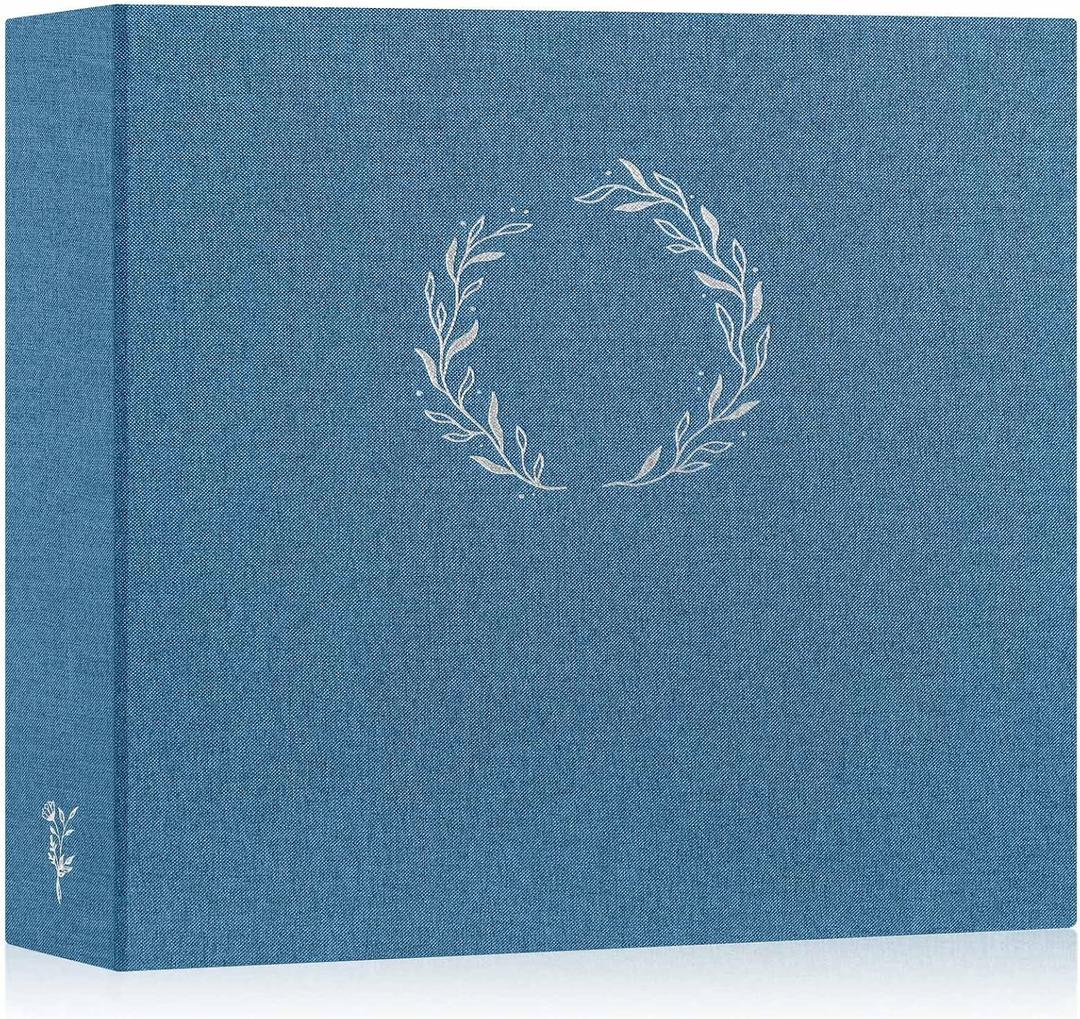 Lanpn Photo Album Scrapbook 12x12, Linen Cover Wreath Design Top Load 3 Ring Folder Binder Photobook Photo Book 12 x 12 inch with 30 Plastic Sleeves 60 Pages Blue
