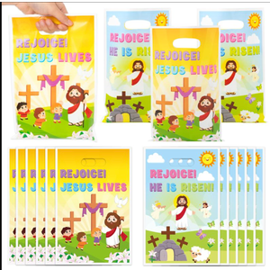 A1DIEE Easter Religious Party Favor Bag - 50Pcs He is Risen Rejoice Goodie Treat Candy Gift Bags Christian Cross Jesus Lives Party Supplies for Spring Easter Bible Sunday School Jesus Birthday Church