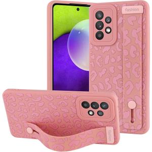 OOK Compatible with Samsung Galaxy A52 5G Case with Wrist Strap, Leopard Silicone Shockproof Protective Slim Anti-Scratch Cheetah Cover for Women Girls, Pink