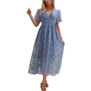 Women's Summer Casual Midi Dress Short Sleeve Smocked Floral Dress Elastic Waist V Neck Wedding Guest Dresses (Blue, M)