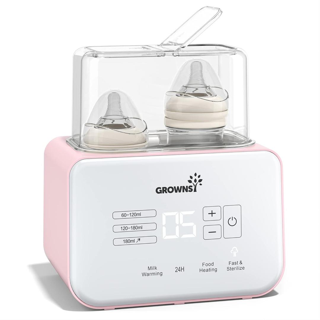 Baby Bottle Warmer, Gronwsy 8-in-1 Fast Milk Warmer with Timer Breastmilk or Formula, Fits 2 Bottles, Accurate Temperature Control, with Defrost, Sterili-zing, Keep, Heat Baby Food Jars Function (Pink)
