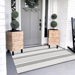 OJIA Entryway Rug 3'x5' Cotton Hand Woven Front Door Mat Outdoor Doormat Machine Washable Outdoor Rugs Grey and White Striped Entry Rug Porch Rugs for Farmhouse/Bedroom/Home Entrance Decor