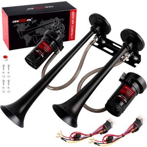 Dual 2-Trumpet Metal Air Horn for truck Kit with 2 air Compressors,12V 150dB Ultra Loud impact train car horn is suitable for pickup/SUV/moto and other vehicles (Black)
