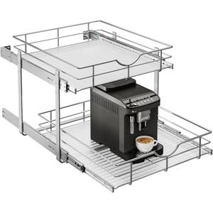 WelFurGeer 2-Tier Stainless Steel Pull Out Cabinet Organizer, Soft Close Damping Slides, Heavy Duty Chrome Plated Wire Basket with Shelf Liner, Perfect for Kitchen Cabinets, Pantry Storage, Under Sink