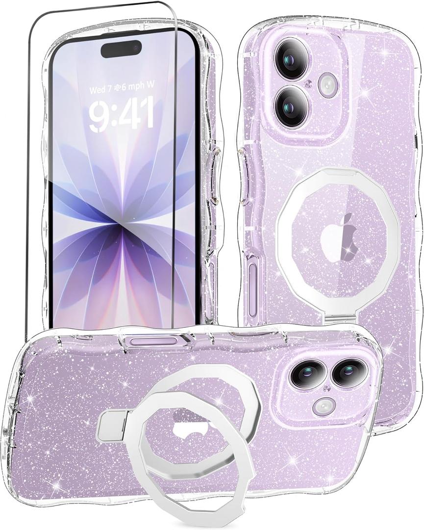 MIODIK Compatible with iPhone 17 Case with Screen Protector, Built-in Seamless Stand and Upgraded Camera Protection, [Compatible with MagSafe] Clear Glitter Wavy Phone Case for 6.3" - Clear Kickstand