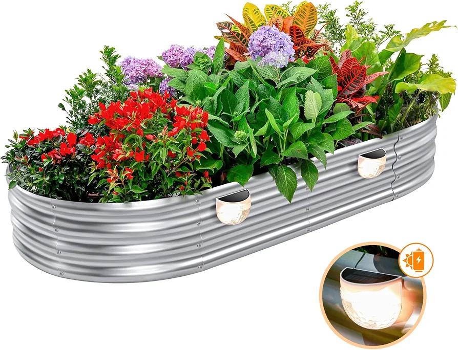 Raised Garden Bed Galvanized Planter Box Outdoor with 2 Solar Lights, Rot-Resistant Metal Garden Bed Planter for Vegetables Flower Herb