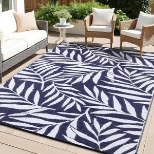 OLANLY Waterproof Outdoor Rug 9x12 ft, Reversible Outdoor Plastic Straw Rug with Leaf Pattern, RV Mat, Indoor Outdoor Carpet for Patio, Camping, Balcony, Deck, Backyard, Navy & White