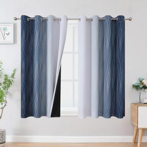 Estelar Textiler Full Room Darkening Greyish White and Navy Blue Blackout Curtains 45 Inch Length 2 Panels Set,Ombre Thermal Insulated Full Light Blocking Grommet Blackout Drapes for Kitchen, 52Wx45L