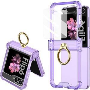 for Samsung Galaxy Z Flip 6 Clear Case Luxury Hinge Protection with Ring Holder & Screen Protector Soft All-Inclusive Shockproof Cover (Purple)