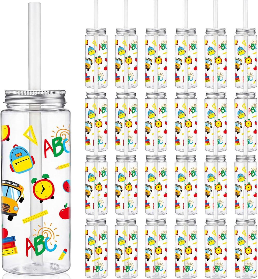 24 Pcs Back to School Plastic Cups for Party with Straw Lid 14.2oz Reusable Tumbler Cups Clear Drink Bottles Containers for Juices Beverage School Party Decorations Supplies(Classic Style)