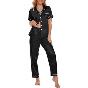 YIJIU Womens Silk Satin Pajamas Set Short Sleeve Sleepwear Soft Button Down Loungewear Two-piece Pjs Sets (Black), M