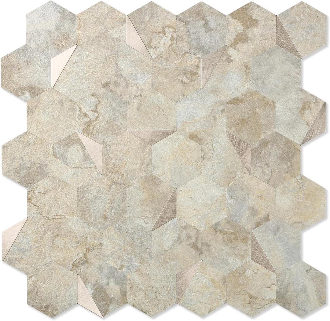 20 Sheets Hexagon Peel and Stick Backsplash for Kitchen Wall, Heat Resistant Stick on Backsplash PVC Smart Tiles, 12'' Ecru Beige Stone Waterproof Peel and Stick Tile for Bathroom