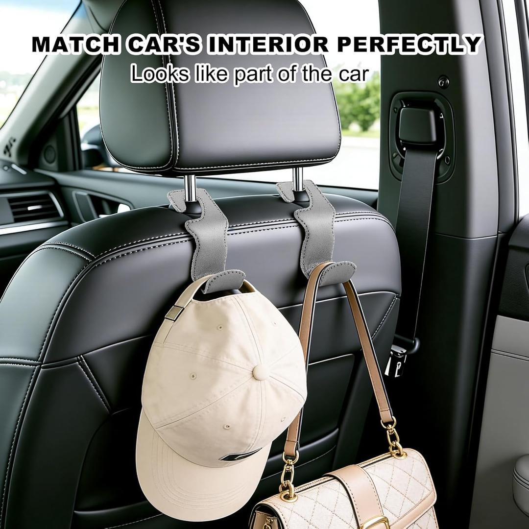 EldHus Car Seat Hooks for Purses and Bags, 2 Pack Car Purse Holder for Grocery Bag Handbag Clothes, Metal Headrest Hooks Covered by Leather, Gray