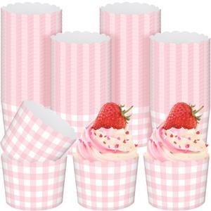 Vesici 150 Pcs Pink Gingham Party Supplies 5 oz Ice Cream Cups Scalloped Gingham Cupcake Cups Paper Cupcake Wrappers Muffin Cases for Birthday Wedding Bridal Shower Tea Party Supplies