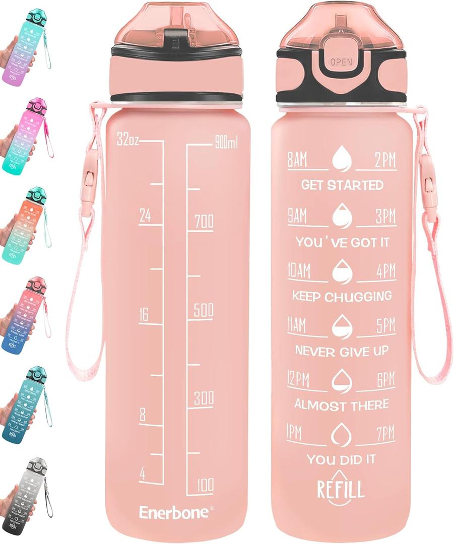 Enerbone 32 oz Water Bottle with Times to Drink and Straw, Motivational Drinking Water Bottles with Carrying Strap, Leakproof BPA & Toxic Free, Ensure You Drink Enough Water for Fitness Gym Outdoor (Lotus Matte)