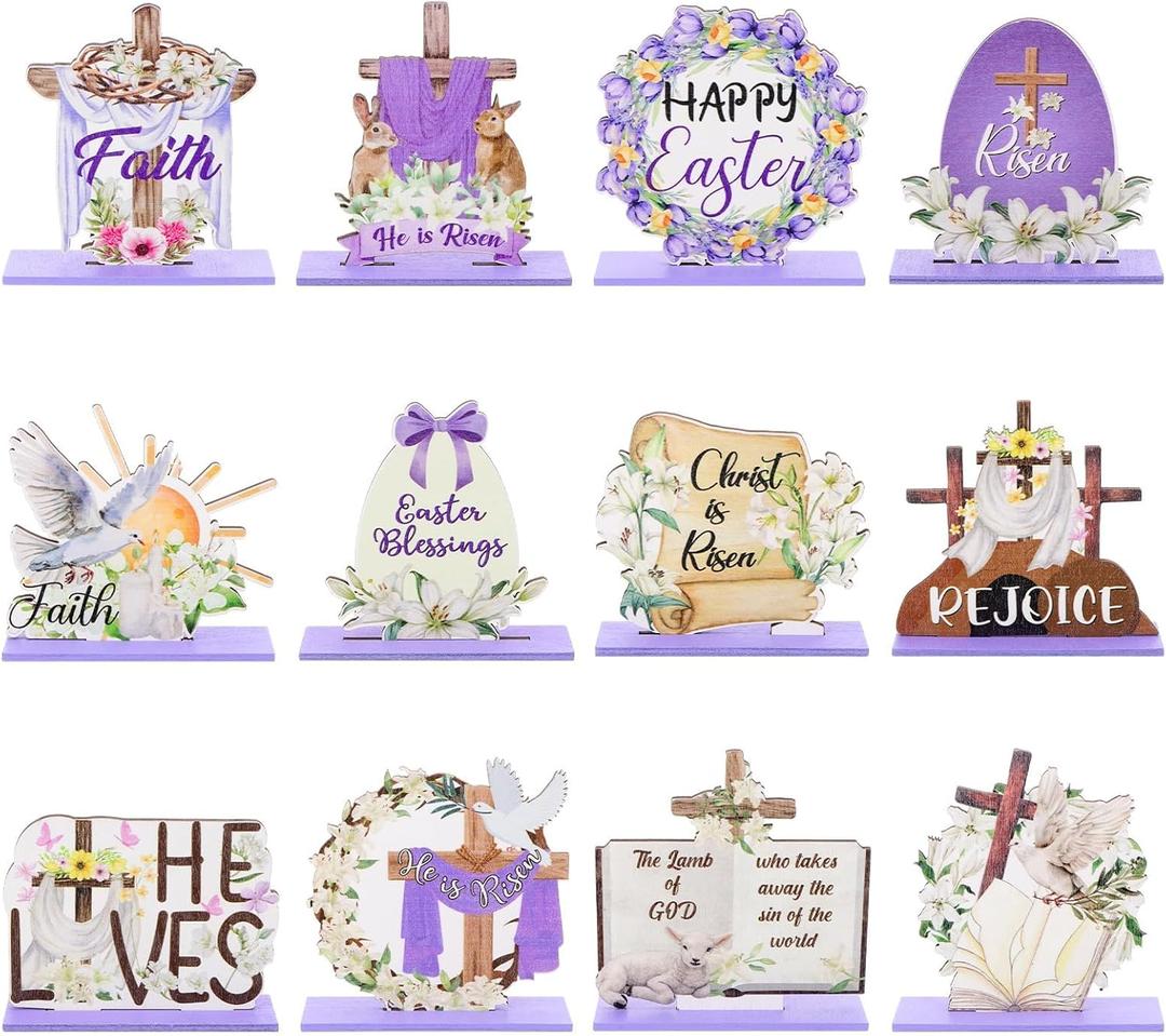 12 Pcs Easter Table Decorations He is Risen Table Centerpiece Religious Easter Decorations Christian Cross Wooden Sign Christian Vintage Style Easter Ornaments for Home Office Church First Communion