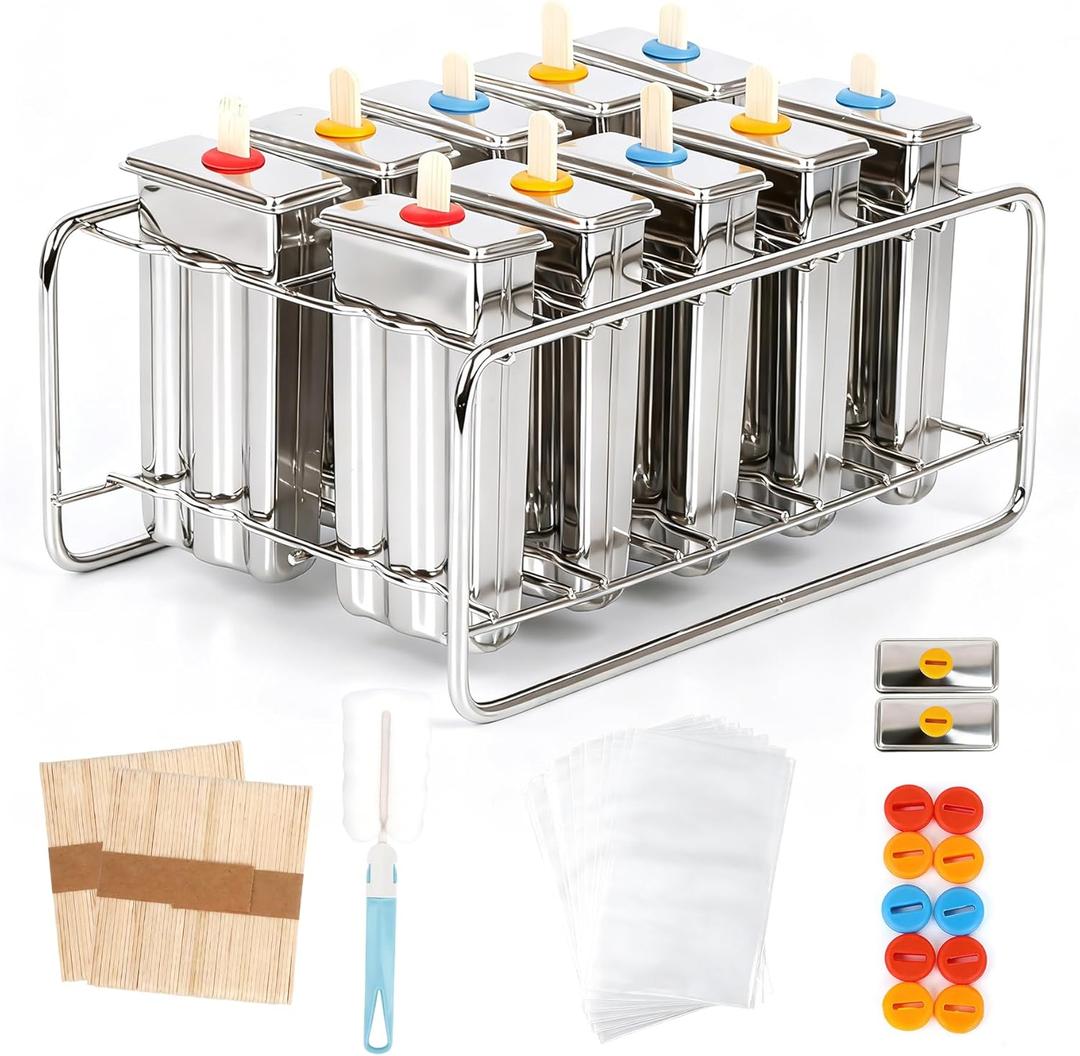 Popsicle Molds Set 10 Pieces Stainless Steel Popsicle Maker, Homemade Popsicle Molds with 100 Sticks, 20 Bags, 22 Silicone Seals, 1 Cleaning Brush & 1 Stand, Ice Pop Mold Maker for Kids (Square)