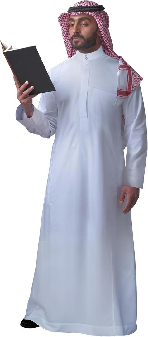 Men's Muslim Clothes Islamic Thobe Middle Eastern Kaftan Dress Abaya Dubai Arab Robes (Large)