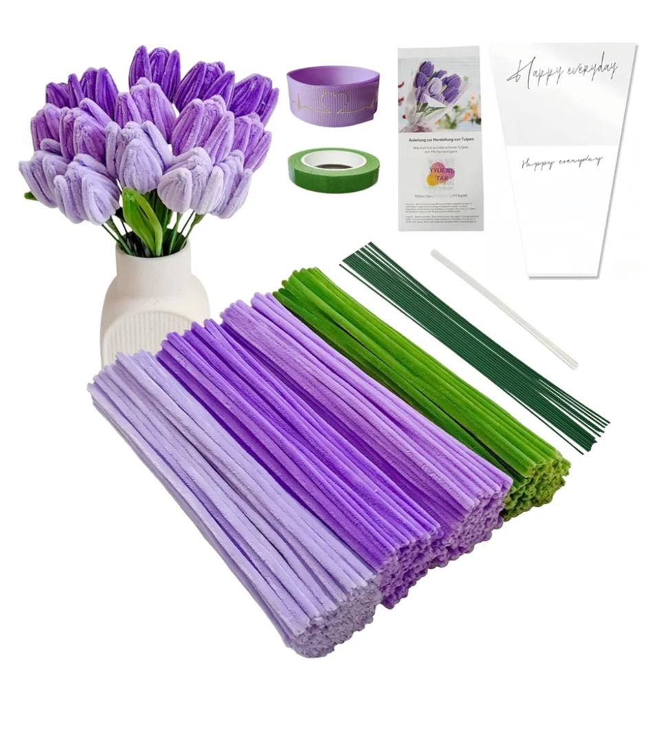 Pack Of 2 YYUENGTAK Violet Tulip Bouquet Pipe Cleaners For Crafts, Pipe Cleaner Flowers Set, 200 Pieces Pipe Cleaners For Crafts Set With 4 cColors, Instruction, Floral Wire, Florist's Tape,Wrapping Paper, Ribbon