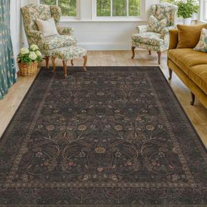 Washable 5x7 Dark Brown Rug for Living Room, Low Pile Soft Area Rugs for Bedroom, Traditional Home Office Dcor, Non Slip Floral Woodland Funky Dark Academia Carpet with tan Coffee Accents