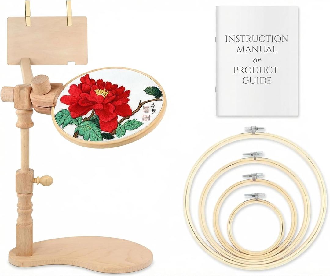GeryVtee Embroidery Hoop Stand 360Adjustable Sitting Cross Stitch Stand Easy to Use Wooden Embroidery Hoop Holder with 4 Pcs Embroidery Hoops Rotated for Embroidery Projects