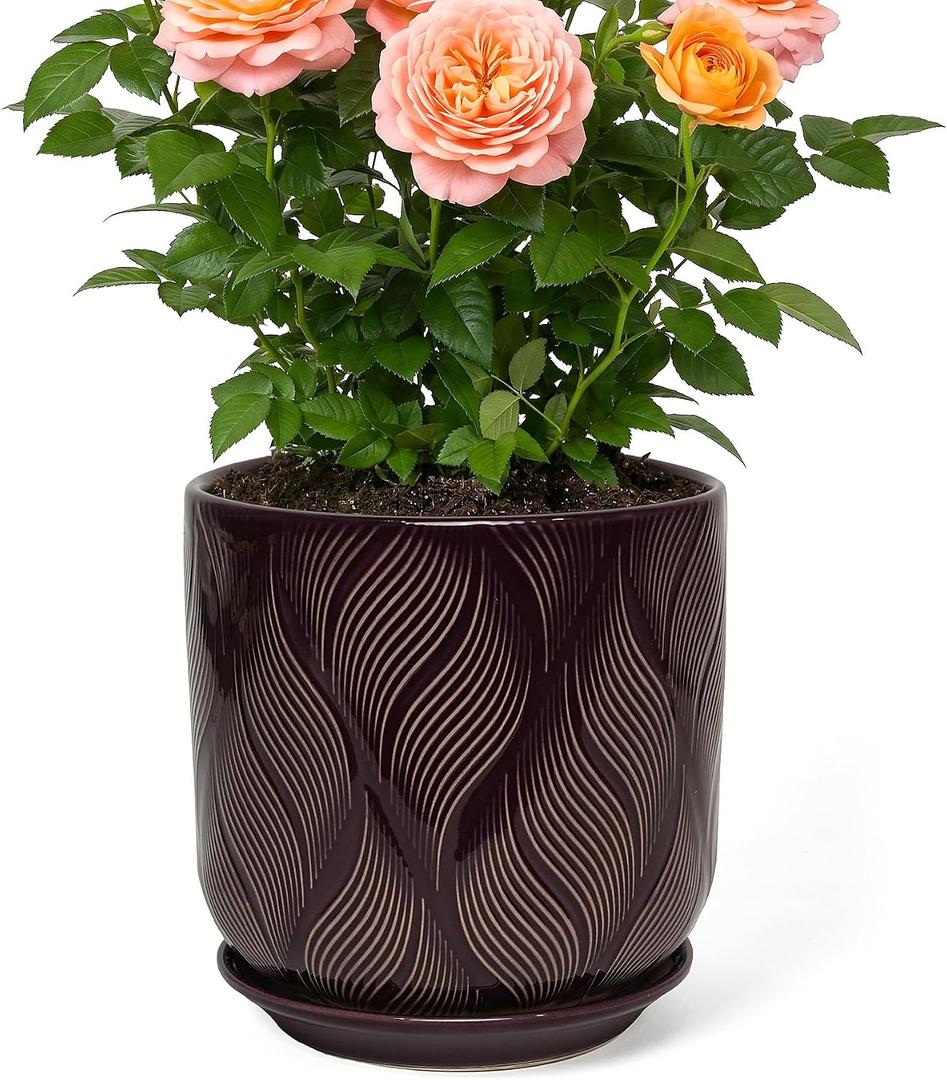 7.2 Inch Modern Ceramic Glaze Plant Pot with Drainage Hole,Mesh Net,Saucer,Indoor Outdoor Planter(Leaf-Dark Purple)