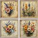 4Pcs Vintage Floral Wall Art Retro Botanical Wildflower Painting Picture Wall Decor Wildflower Botanical Picture Poster Print Artwork for Wall Living Room Bathroom Bedroom Home Decoration Unframed (16"Lx16"W)
