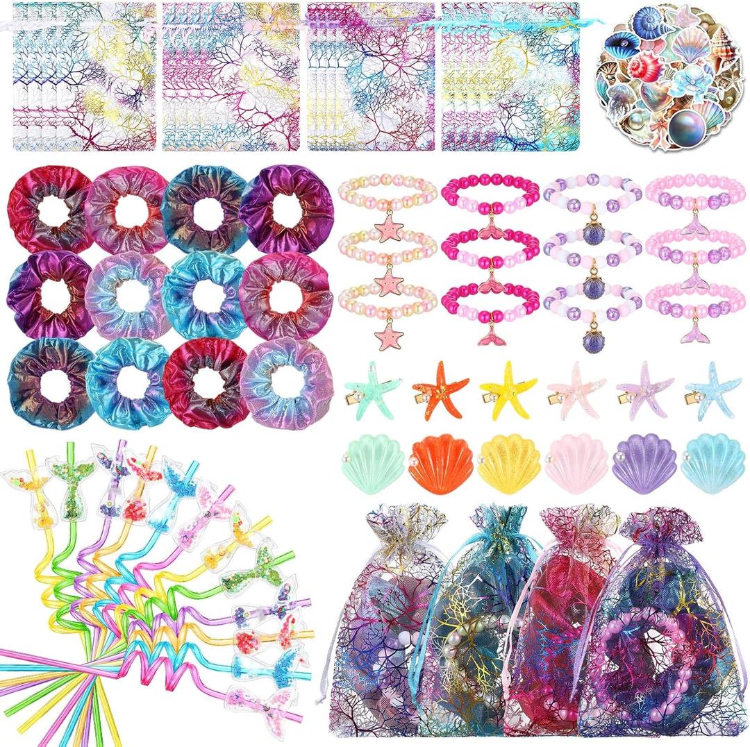 120 Pcs Mermaid Party Supplies 12 Mermaid Tail Straws 12 Bracelets 12 Gift Bags 12 Hair Scrunchies 12 Shell Hair Clips and 60 Beach Stickers for Birthday Decor, Piata Supplies