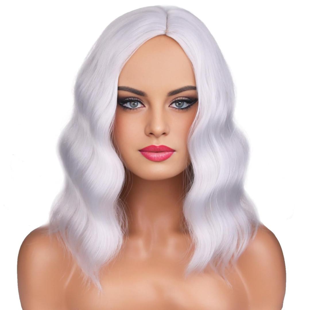 BERON Silver Wig Short Curly Wig Silver White Wigs Women Beach Wave Wigs for Cosplay Costume Party Hairnet Included