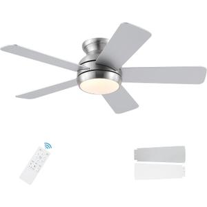 42 Inch Brushed Nickel Ceiling Fans with Lights and Remote, LED Low Profile Flush Mount Ceiling Fan for Bedroom, Living Room, Patio, Quiet DC Motor, 5 Blades