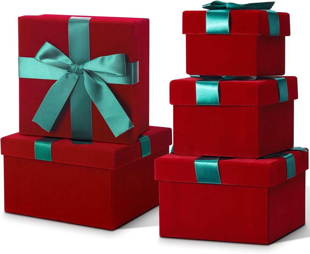 Tenceur 5 Pcs Christmas Gift Boxes Red Assorted Gift Square Boxes with Lids Velvet Gifts Box Birthday Gifts Box with Ribbon for Festival Christmas Birthday Weddings(Green)