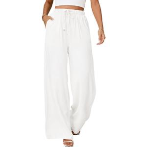 UMIPUBO Womens Linen Pants High Waisted Wide Leg Trousers Summer Palazzo Casual Pant Flowy Drawstring Beach Pants (White, S)
