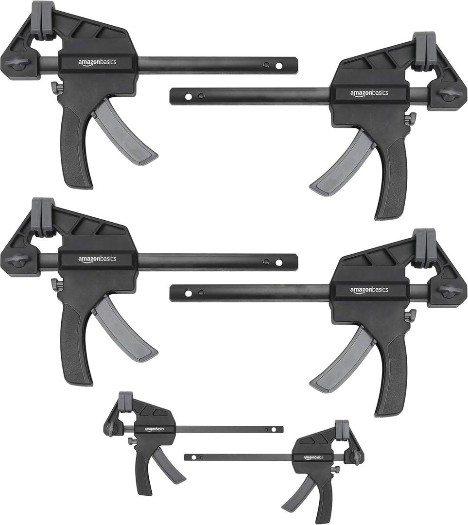 Amazon Basics 6-Piece Easy-to-Use One-Handed Trigger Clamp Set, 2 Pack of 4-inch, 4 Pack of 6-inch, Black/Grey