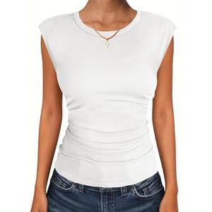 ANRABESS Womens Tops Cap Sleeve Crewneck Shirts Casual Ribbed Knit Slim Fit Ruched Summer Basic Tee Tank 2026 Trendy Clothes White Large