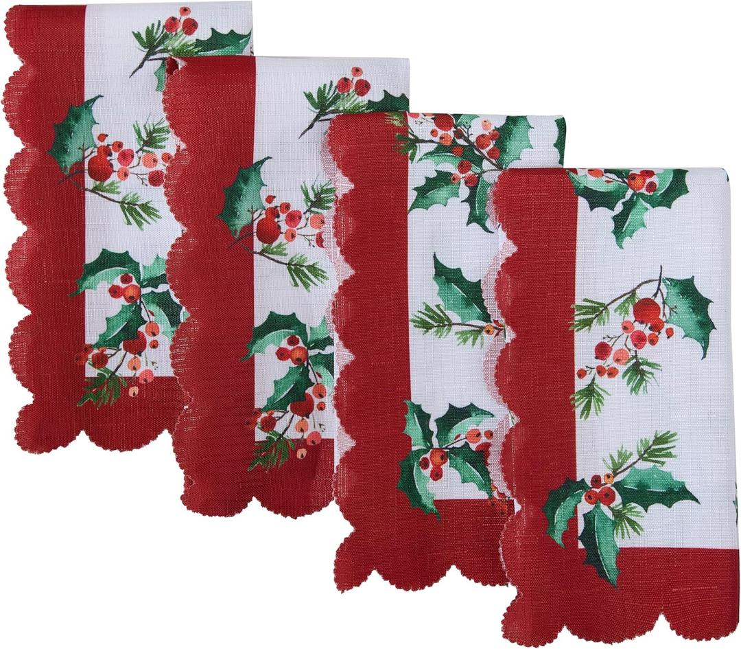 Newbridge Christmas Natures Poinsettia Scalloped Fabric Holiday Napkins, Holly, Berries and Evergreen Border with Red Trim, Set of 4 Reusable Cloth Napkins