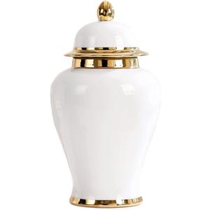 White Ginger Jar With Gold Trim, Ceramic Decorative Vase for Home, Office, Table, Living Room, Bookshelf, Mantle Fireplace, Centerpieces - 15"