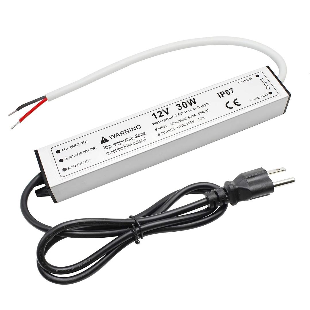 30W 12 Volt LED Power Supply, Waterproof IP67 LED Driver, 110V AC to 12V DC Converter, LED Transformer Low Voltage Output with 3-Prong Plug 3.3 Feet Cable for Light Strip, 2.5Amp