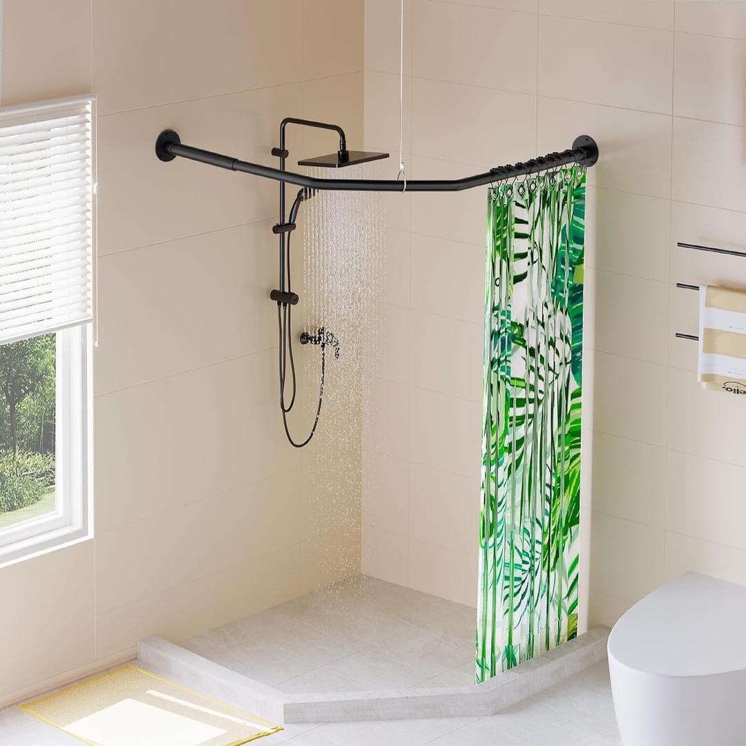 Diamond Shaped Shower Curtain Rod, Adjustable [Both Sides: 22.5" - 35.4", Middle: 12.6" /28.3" / 43.7"] Corner Shower Curtain Rod Pole for Bathroom, Clothing Store with 12 Hooks & Ceiling Support (Black)