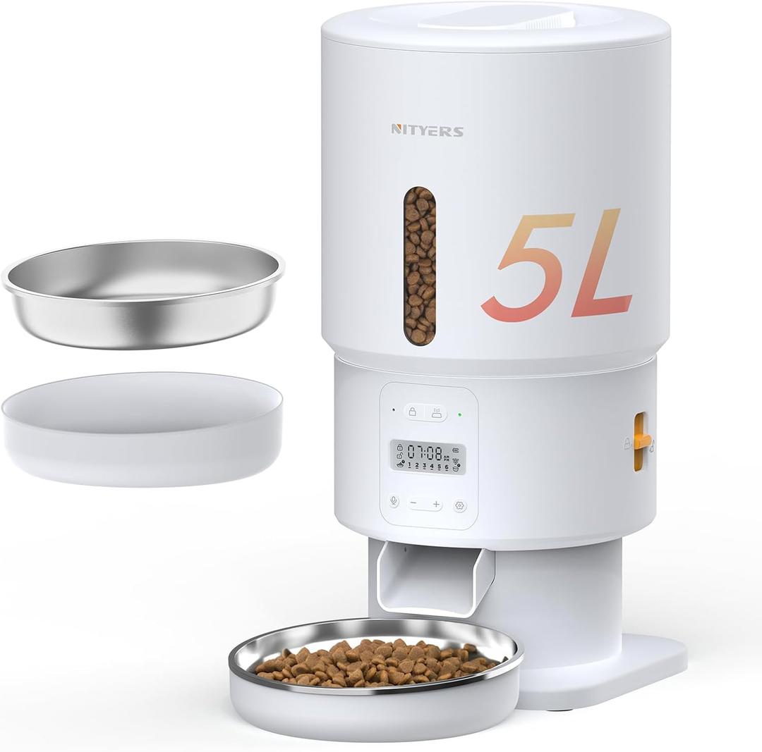 Automatic Cat Feeder - 5L Anti-Clog Cat Food Dispenser with Freshness Preservation, 1-6 Meals/Day, Programmable Portions, 10s Voice, 180-Day Battery Life, Auto Pet Feeder for Multi Cats & Dogs (White)