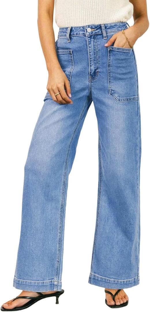 EVALESS Wide Leg Jeans for Women Trendy High Waisted Stretchy Baggy Denim Pants (6, Light Blue)